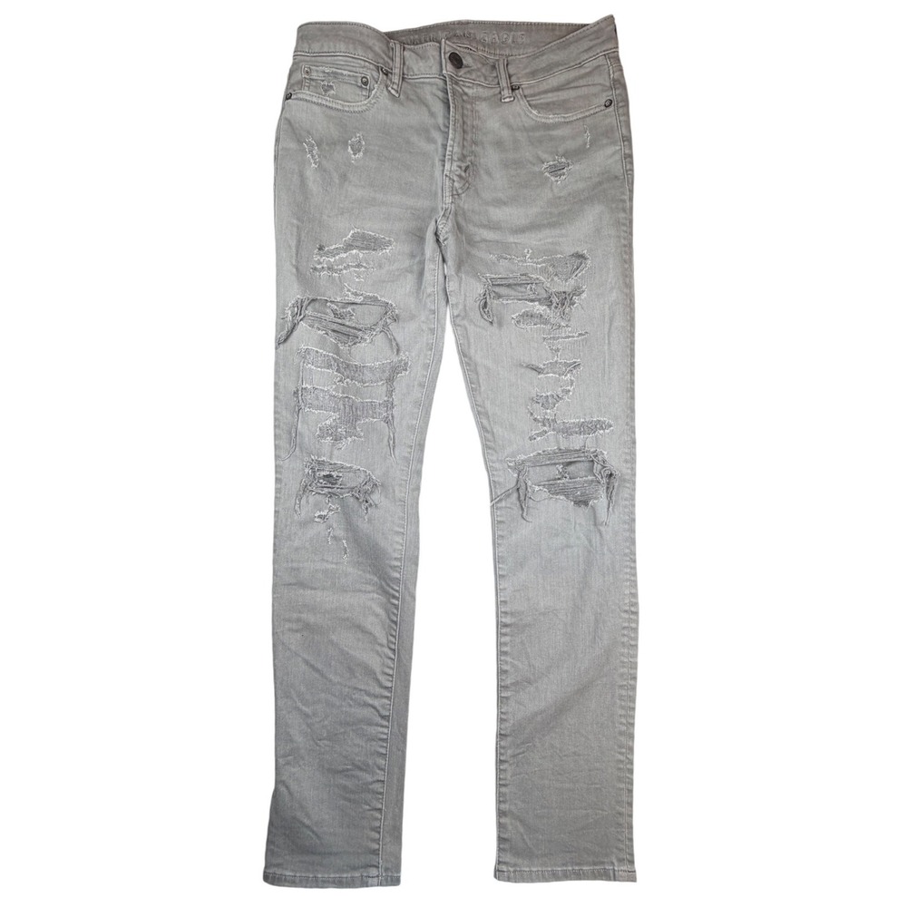 American Eagle Airflex+ Skinny Distressed Gray Jeans Mens 32x32 Ripped Denim